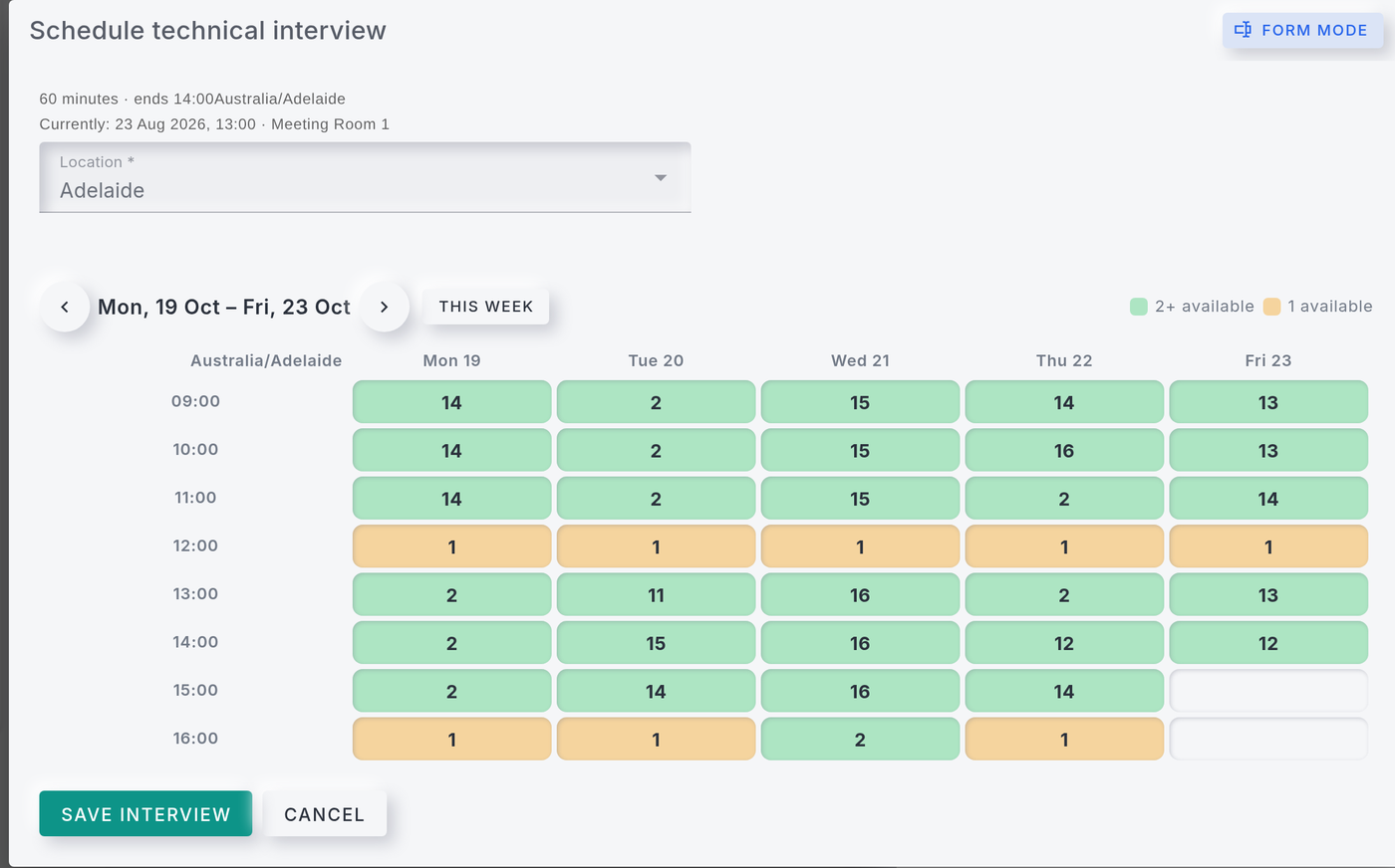 The interview scheduling dialog: a week grid of available slots across the panel, shaded green and amber by how many panellists are free.